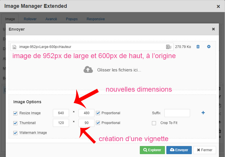 JCE image manager chargement dimensions