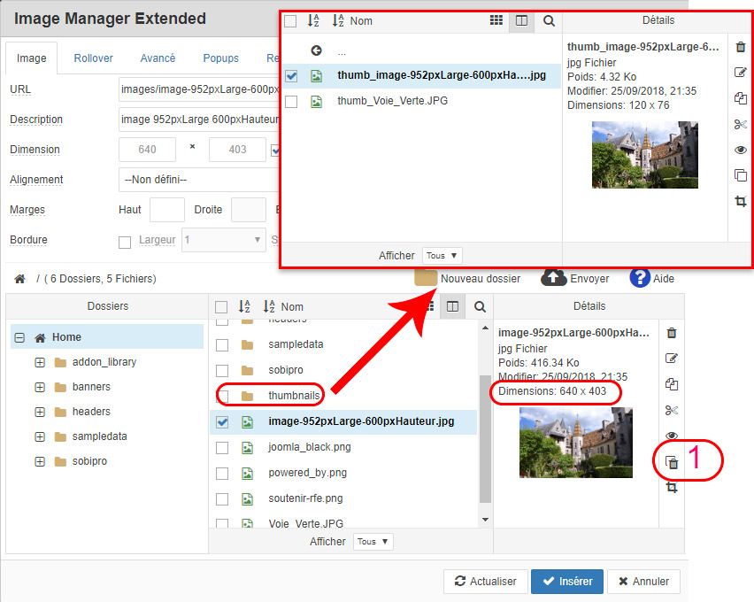 JCE image manager resultat nouvelles dimensions et thumbnail