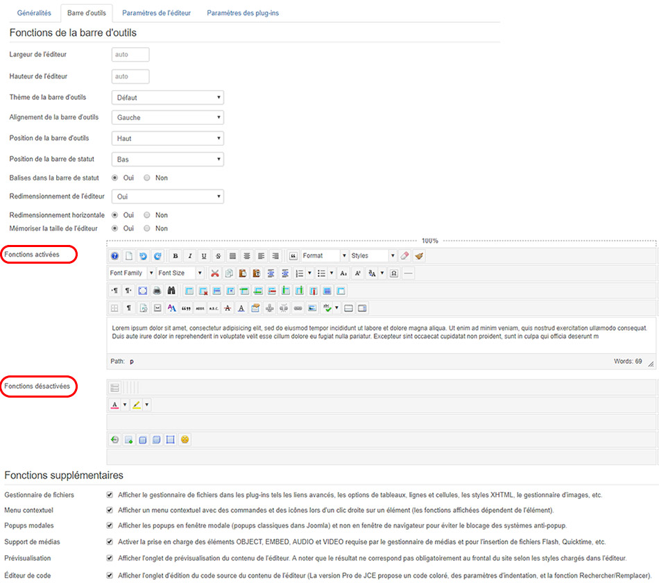 JCE profil barre outils