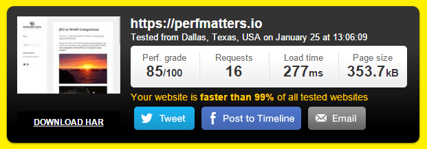 perfmatters pingdom score after 1