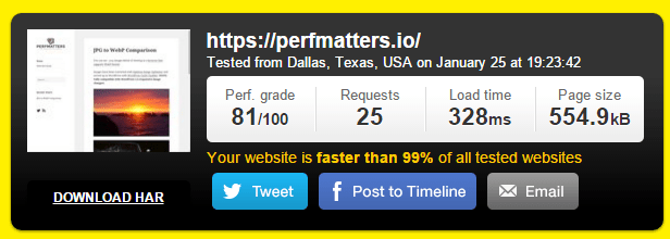 perfmatters pingdom score before 1