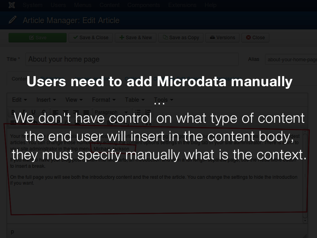 End user must insert manually the microdata in the content body Problem