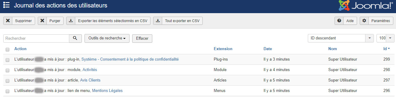 JOOMLA 39 user actions log exemples