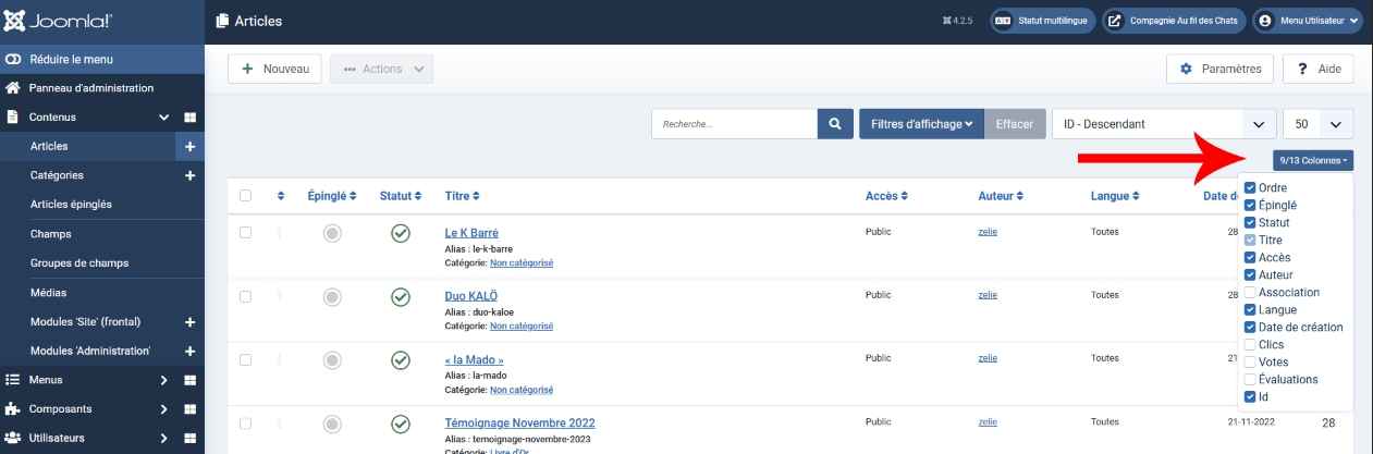 liste articles joomla4 colonnes cachees