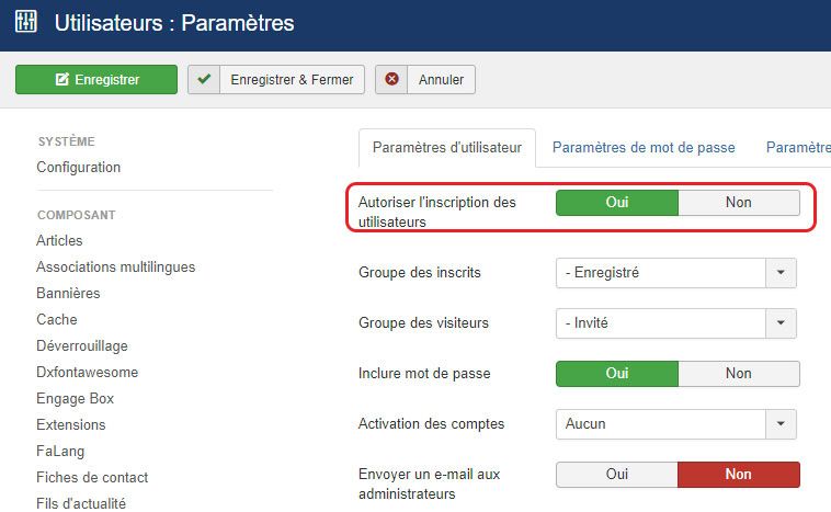 autoriser inscription utilisateurs joomla