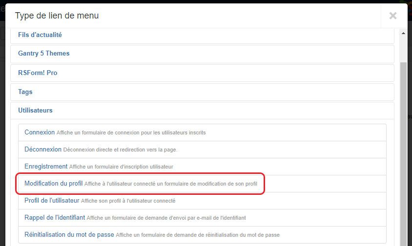 modification champ utilisateur lien menu