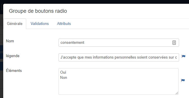 RGPD formulaire champ consentement bouton radio