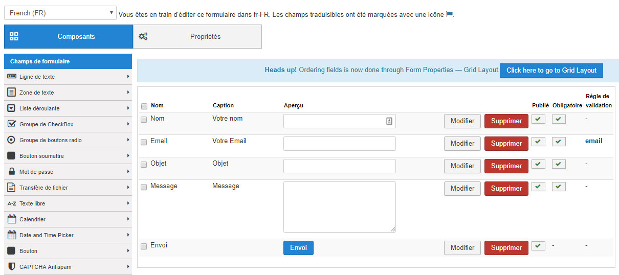 rsform formulaire de contact simple