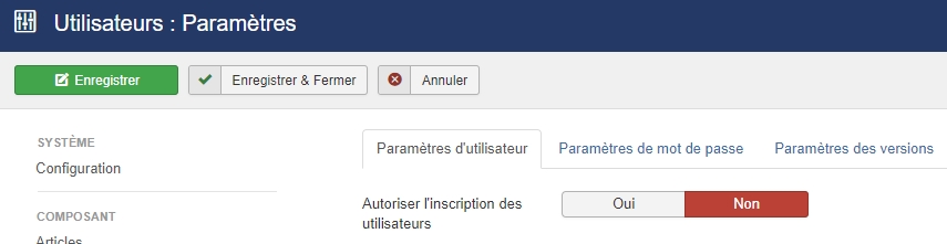 desactiver inscription utilisateurs joomla