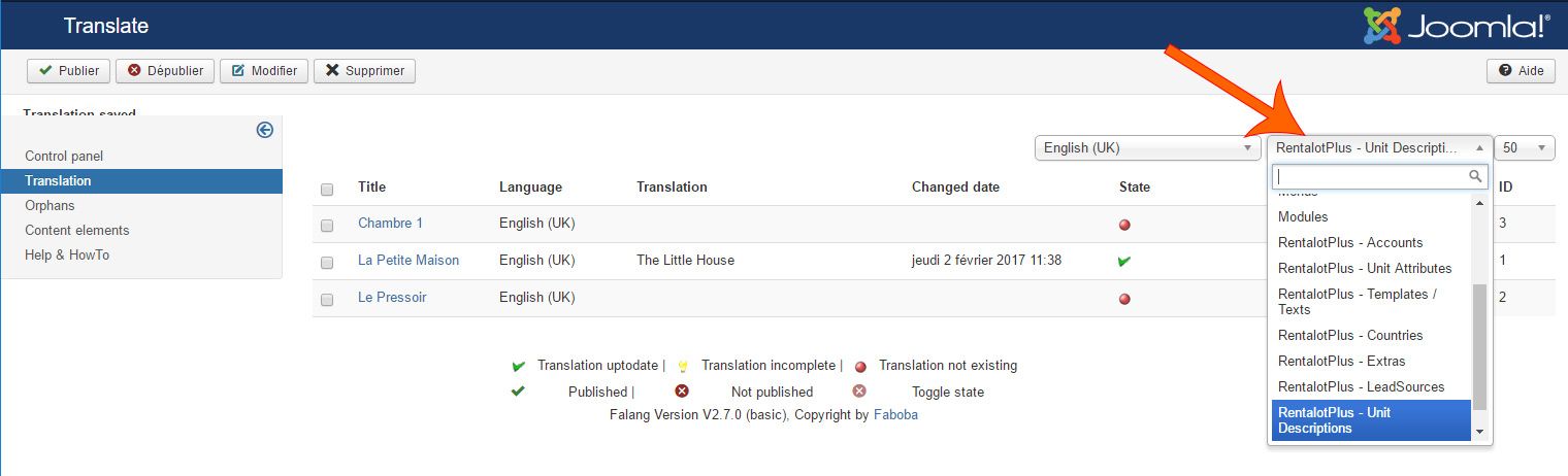 traduction joomla tables Rentalot avec falang