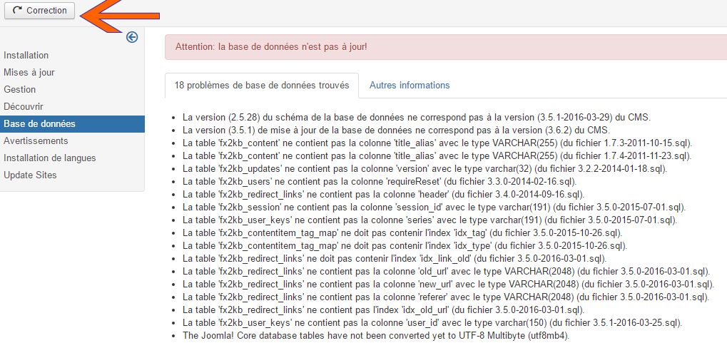 correstion tables bdd joomla 3