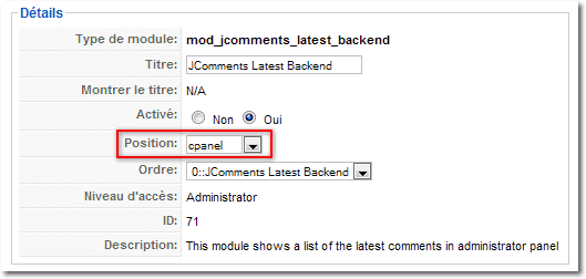 Paramètres JComments Backend