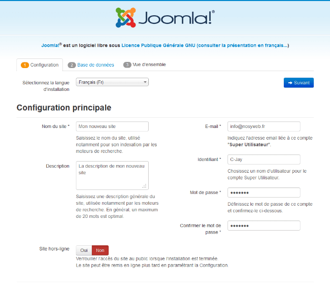 Saisissez vos coordonnées et les informations relatives au site