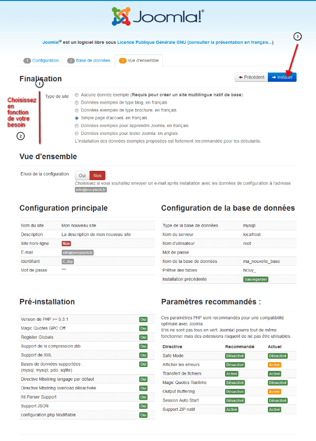 Installez ou non des données d'exemple dans le cas où vous débutez ou non avec Joomla