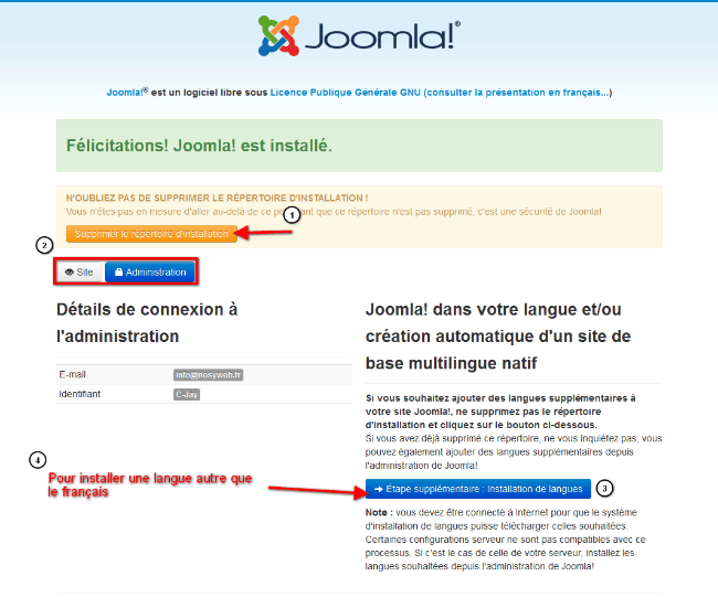 Pensez à supprimer ou à renommer le répertoire d'installation Joomla