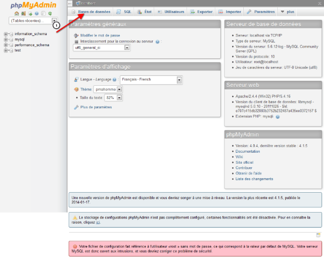 Cliquez sur Base de données pour voir les bases de données existantes