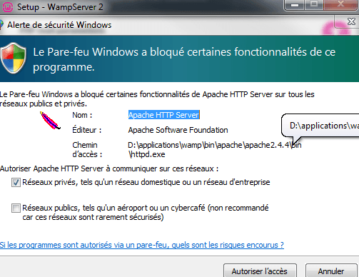 Autorisez l'accès du pare-feu Windows