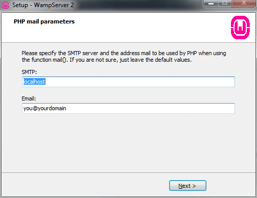 Laissez Localhost pour le SMTP et saisissez votre e-mail puis Next