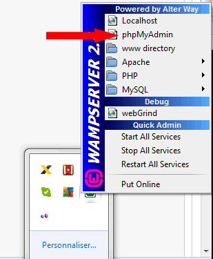 Accédez à PhpMyAdmin via le menu de WampServer