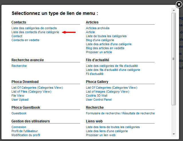 lien categorie contact joomla