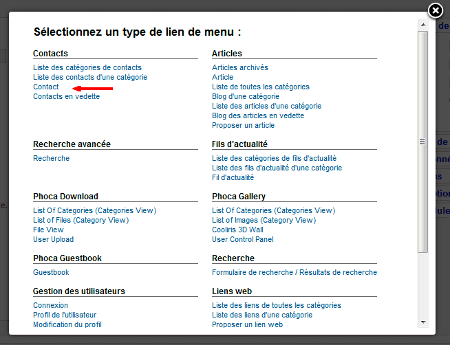 lien menu contact joomla