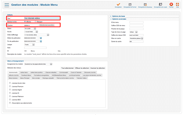 Paramètres menu Joomla