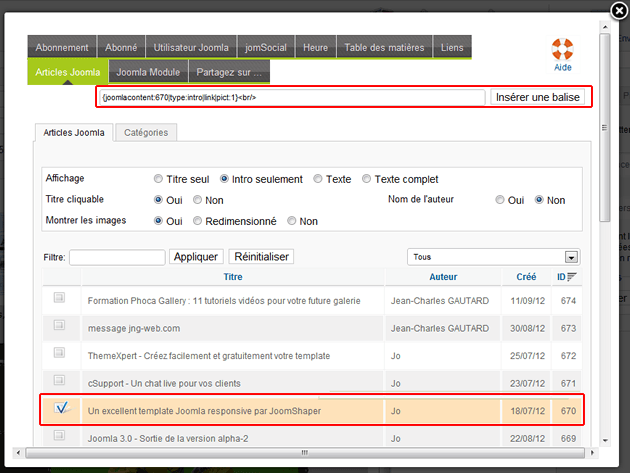 Balise AcyMailing détails