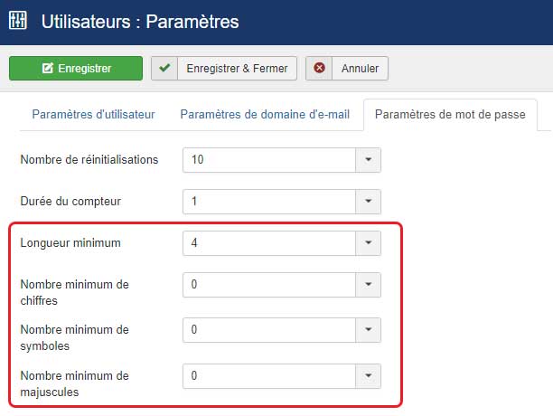 joomla paramétrage mot de passe utilisateur