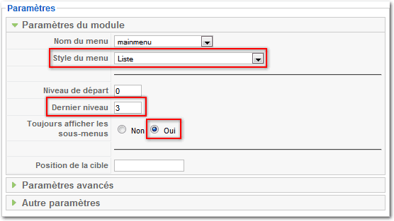 Paramètres module Joomla