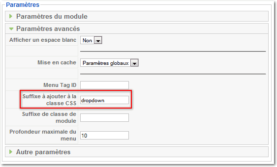 Paramètres module Joomla