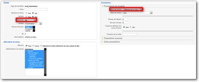 Paramètres module menu Joomla