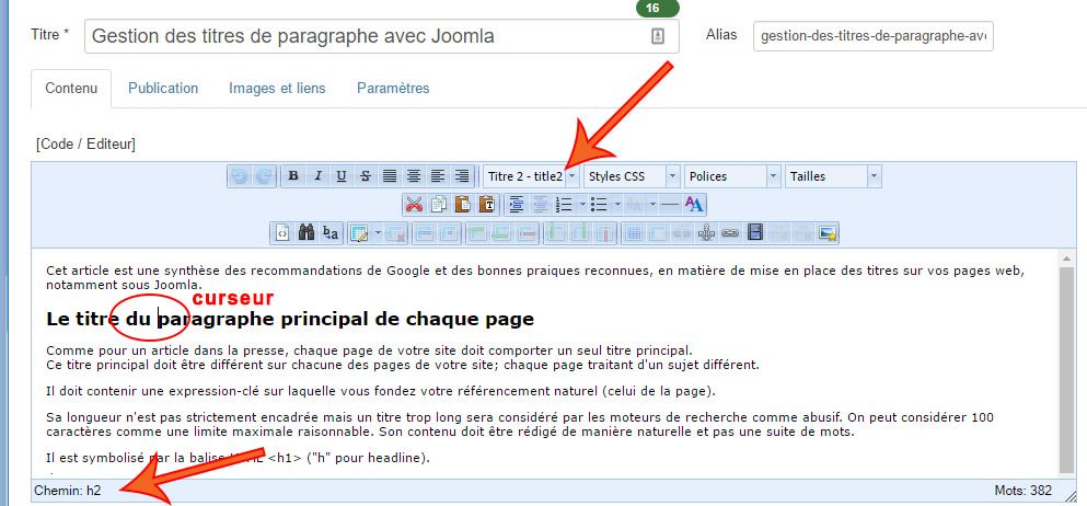 titres paragraphe editeur Joomla